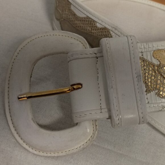 ❤️CARLOS FALCHI Wide White with Gold Snakeskin Belt Size Medium main image 7